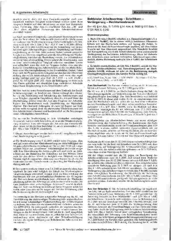 Vorschauseite 1: Befristeter Arbeitsvertrag - Schriftform -Verlängerung - Rechtsmissbrauch