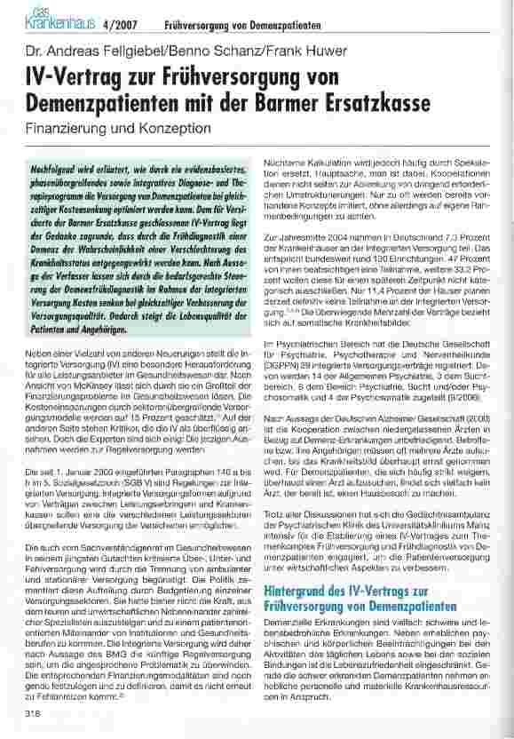 Vorschauseite 1: IV-Vertrag zur Frühversorgung von Demenzpatienten mit der Barmer Ersatzkasse