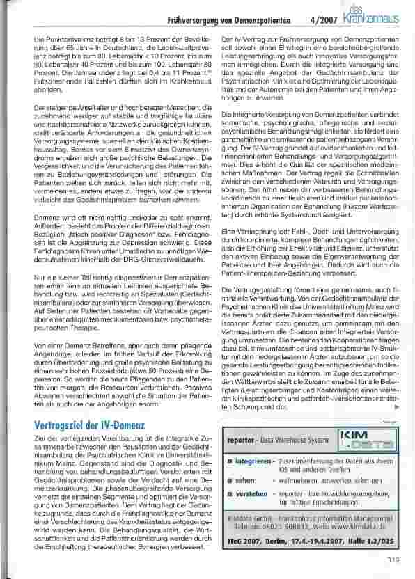 Vorschauseite 2: IV-Vertrag zur Frühversorgung von Demenzpatienten mit der Barmer Ersatzkasse