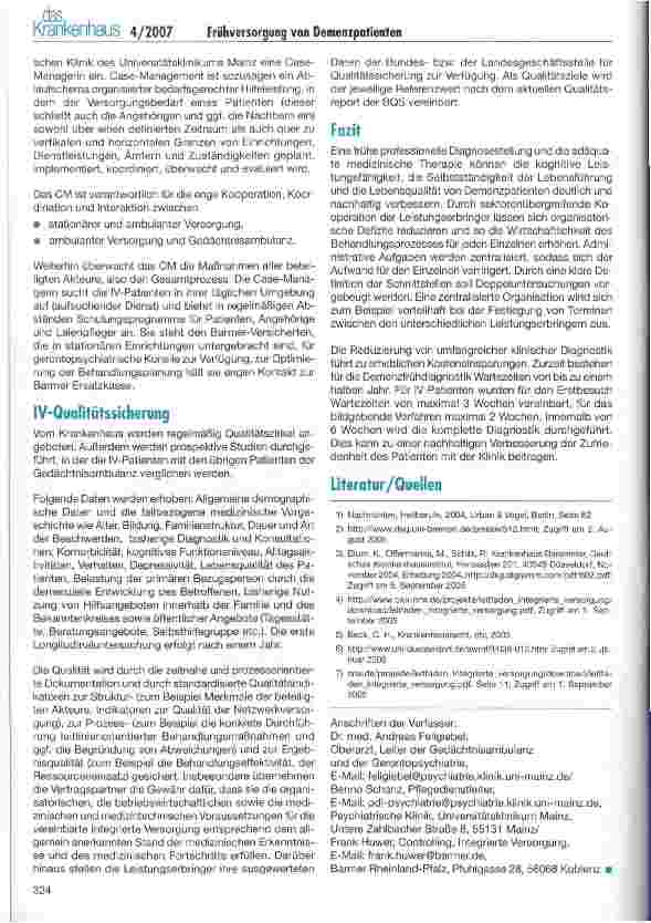 Vorschauseite 5: IV-Vertrag zur Frühversorgung von Demenzpatienten mit der Barmer Ersatzkasse