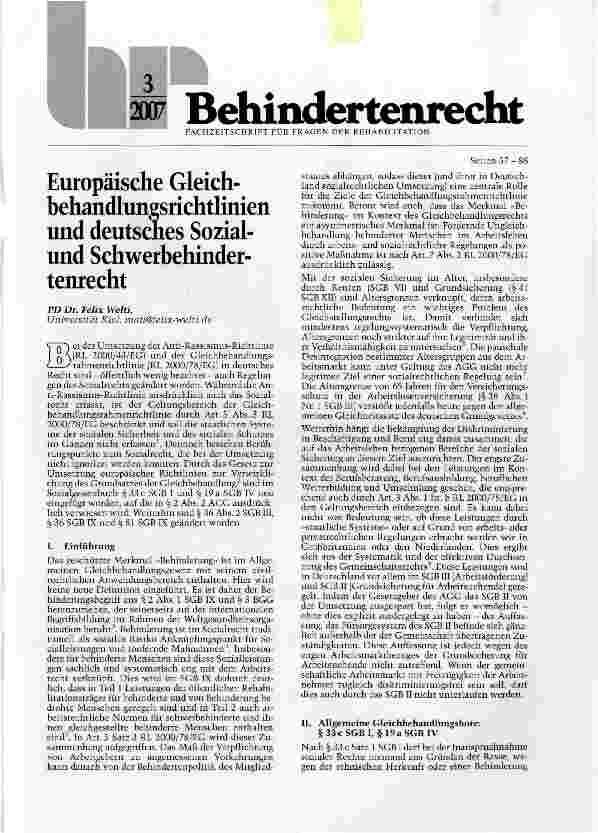 Vorschauseite 1: Europäische Gleich-behandlunesrichtlinien und deutsches Sozial-und Schwerbehindertenrecht