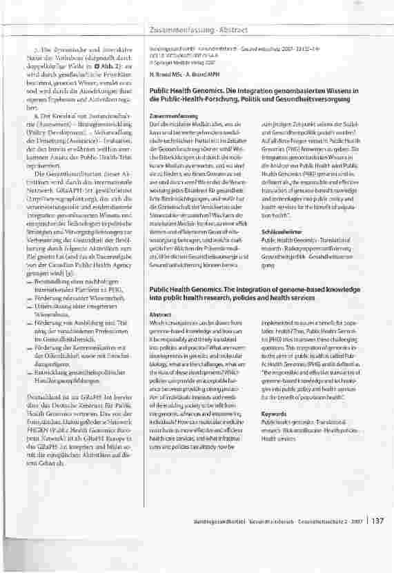 Vorschauseite 3: Public Health GenomicsDie Integration genombasierten Wissens in die Public-Health-Forschung, Politik und Gesundheitsversorgung