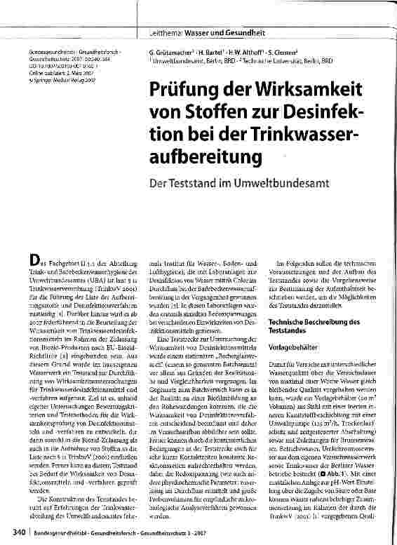 Vorschauseite 1: Prüfung der Wirksamkeit von Stoffen zur Desinfektion bei der Trinkwasseraufbereitung