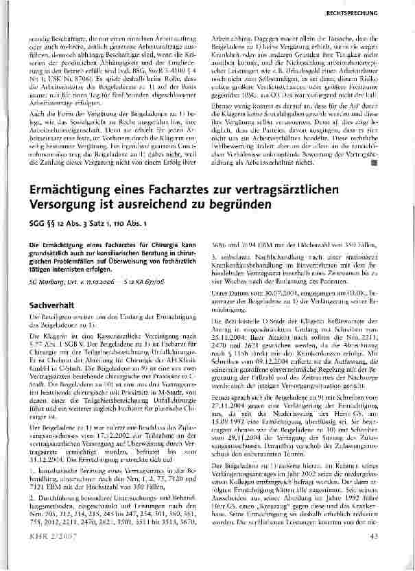 Vorschauseite 1: Ermächtigung eines Facharztes zur vertragsärztlichen Versorgung ist ausreichend zu begründen