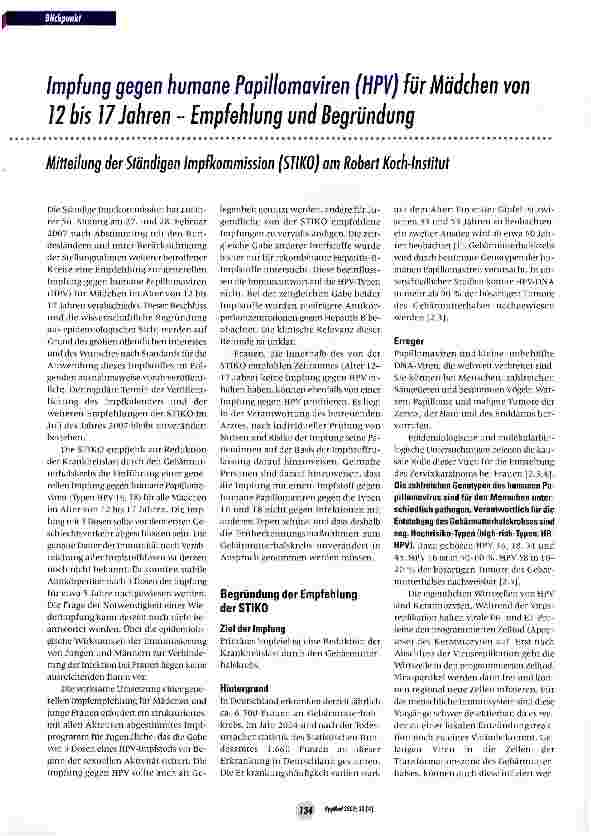 Vorschauseite 1: Impfung gegen humane Papillomaviren (HPV) für Mädchen von 12 bis 17 Jahren - Empfehlung und Begründung