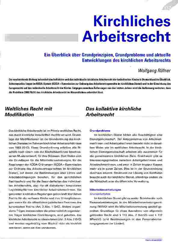 Vorschauseite 1: Kirchliches Arbeitsrecht - Ein Überblick über Grundprinzipien, Grundprobleme und aktuelle Entwicklungen des kirchlichen Arbeitsrechts