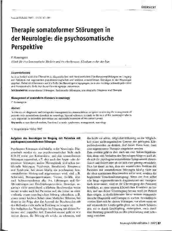 Vorschauseite 1: Therapie somatoformer Störungen in der Neurologie: die psychosomatische Perspektive