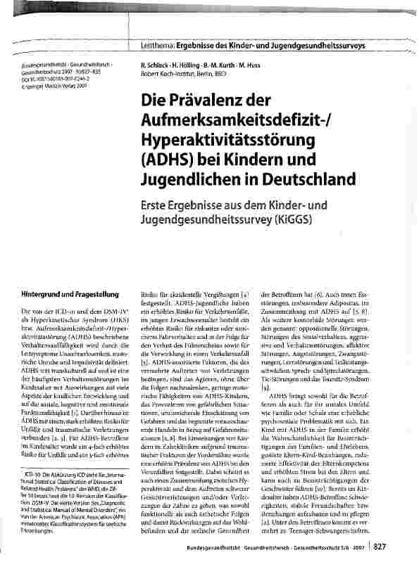 Vorschauseite 1: Die Prävalenz der Aufmerksamkeitsdefizit-/ Hyperaktivitätsstörung (ADHS) bei Kindern und Jugendlichen in Deutschland