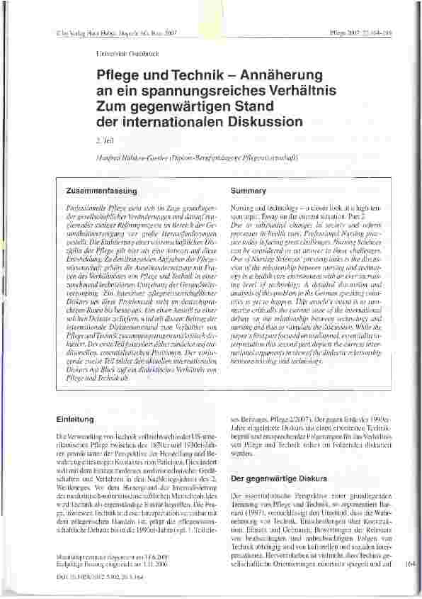 Vorschauseite 1: Pflege und Technik - Annäherung an ein spannungsreiches Verhältnis Zum gegenwärtigen Stand der internationalen Diskussion