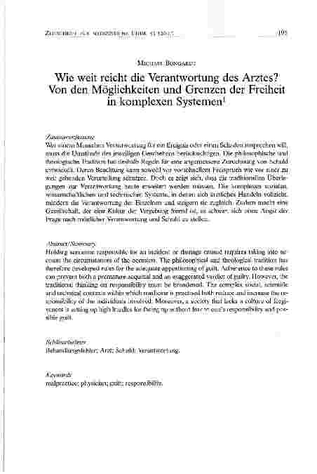 Vorschauseite 1: Wie weit reicht die Verantwortung des Arztes?Von den Möglichkeiten und Grenzen der Freiheit in komplexen Systemen