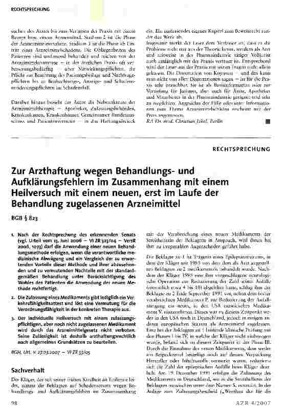 Vorschauseite 1: Zur Arzthaftung wegen Behandlungsund Aufklärungsfehlern im Zusammenhang mit einem Heilversuch mit einem neuen, erst im Laufe der Behandlung zugelassenen Arzneimittel