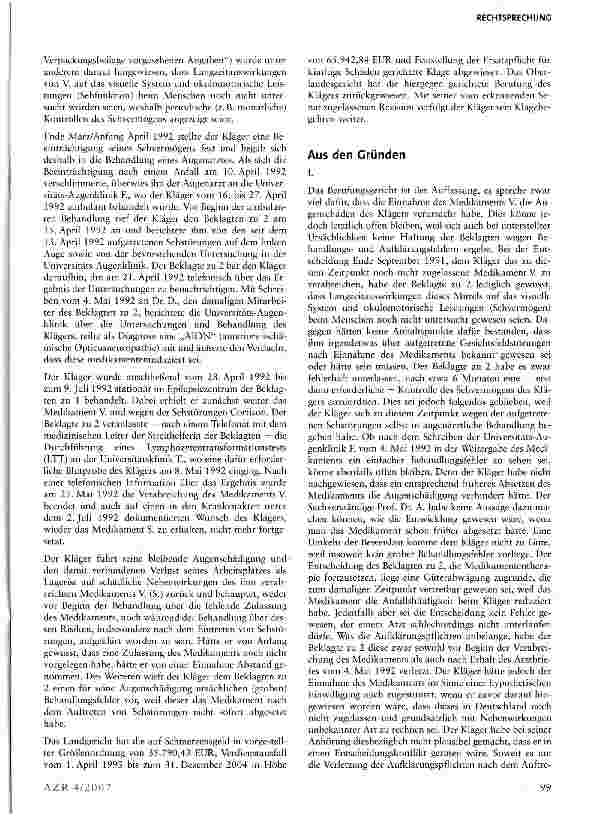 Vorschauseite 2: Zur Arzthaftung wegen Behandlungsund Aufklärungsfehlern im Zusammenhang mit einem Heilversuch mit einem neuen, erst im Laufe der Behandlung zugelassenen Arzneimittel