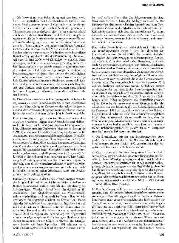 Vorschauseite 4: Zur Arzthaftung wegen Behandlungsund Aufklärungsfehlern im Zusammenhang mit einem Heilversuch mit einem neuen, erst im Laufe der Behandlung zugelassenen Arzneimittel