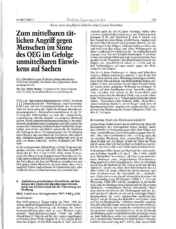 Vorschauseite 1: Zum mittelbaren tätlichen Angriff gegen Menschen im Sinne des OEG im Gefolge unmittelbaren Einwirkens auf Sachen