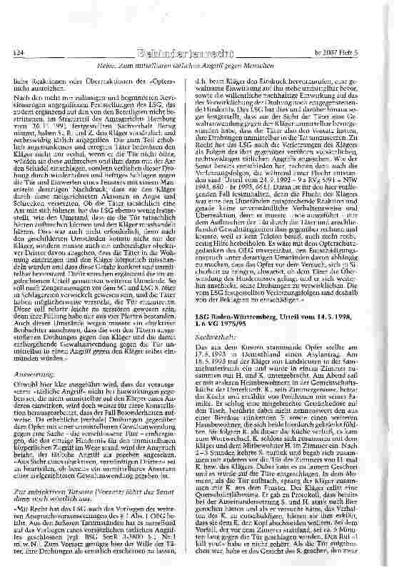 Vorschauseite 2: Zum mittelbaren tätlichen Angriff gegen Menschen im Sinne des OEG im Gefolge unmittelbaren Einwirkens auf Sachen
