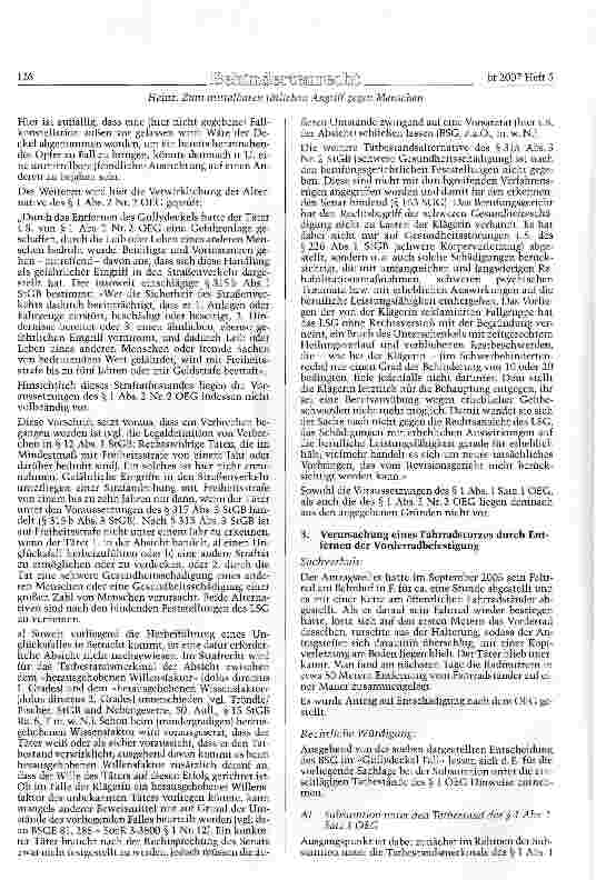 Vorschauseite 4: Zum mittelbaren tätlichen Angriff gegen Menschen im Sinne des OEG im Gefolge unmittelbaren Einwirkens auf Sachen