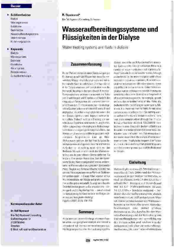Vorschauseite 1: Wasseraufbereitungssysteme und Flüssigkeiten in der Dialyse
