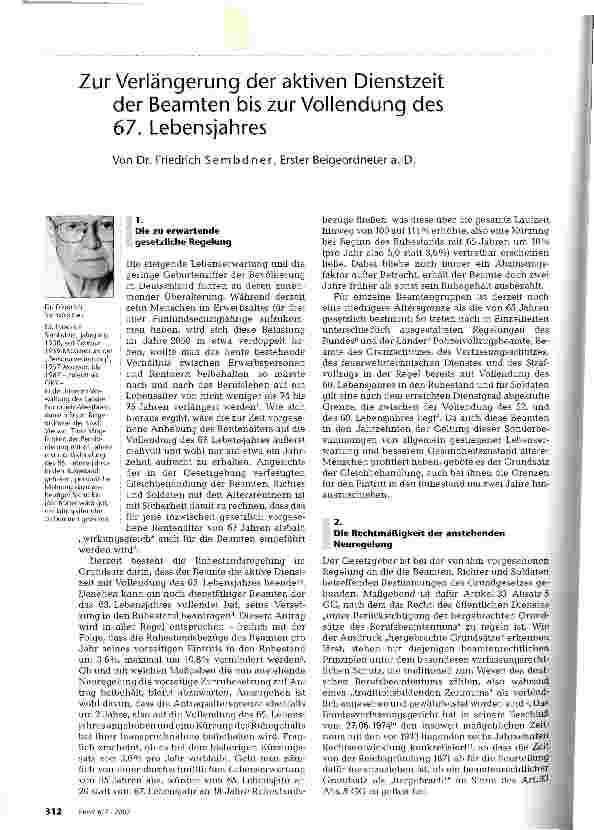Vorschauseite 1: Zur Verlängerung der aktiven Dienstzeit der Beamten bis zur Vollendung des 67. Lebensjahres