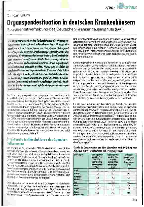 Vorschauseite 1: Organspendesituation in deutschen Krankenhäusern