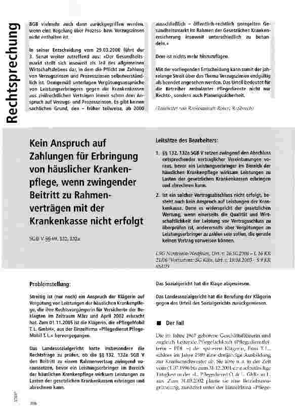 Vorschauseite 1: Kein Anspruch auf Zahlungen für Erbringung von häuslicher Krankenpflege, wenn zwingender Beitritt zu Rahmenverträgen mit der Krankenkasse nicht erfolgt
