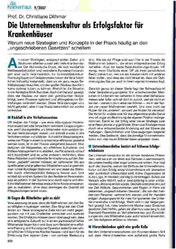 Vorschauseite 1: Die Unternehmenskultur als Erfolgsfaktor für Krankenhäuser