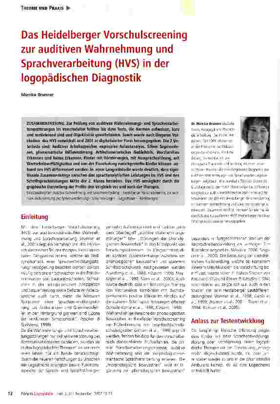 Vorschauseite 1: Das Heidelberger Vorschulscreening zur auditiven Wahrnehmung und Sprachverarbeitung (HVS) in der logopädischen Diagnostik