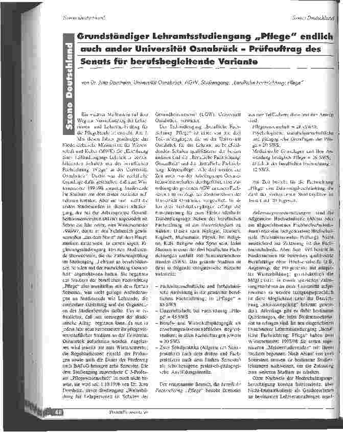 Vorschauseite 1: Grundständiger Lehramtsstudiengang Pflege endlich auch an der Universität Osnabrück - Prüfauftrag des Senats für berufsbegleitende Variante