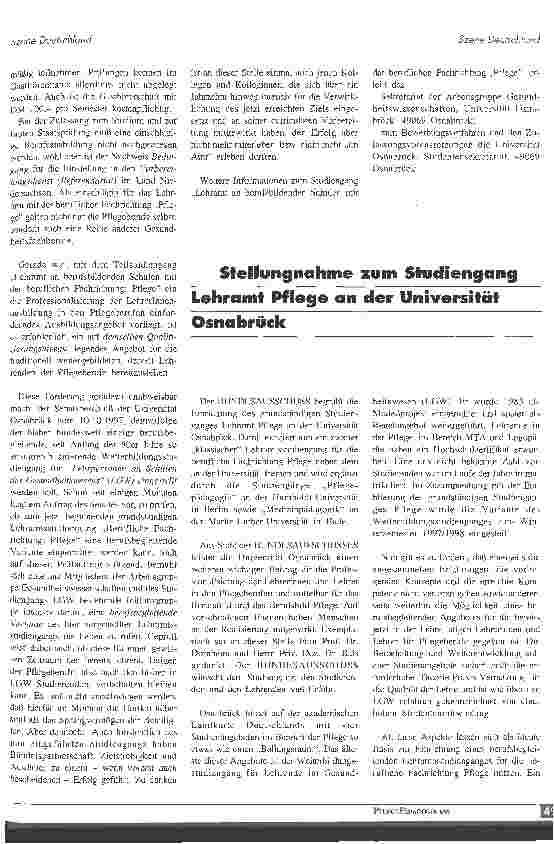 Vorschauseite 2: Grundständiger Lehramtsstudiengang Pflege endlich auch an der Universität Osnabrück - Prüfauftrag des Senats für berufsbegleitende Variante