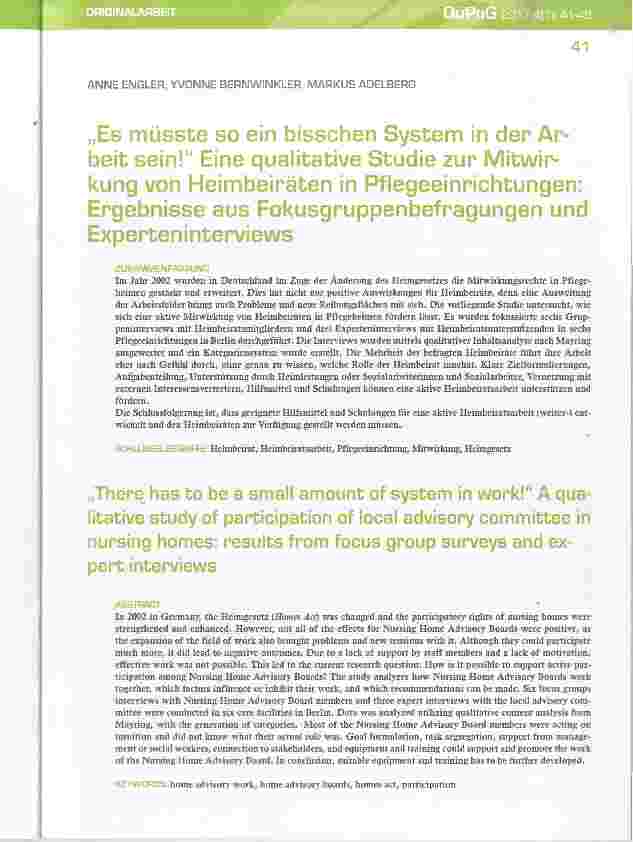 Vorschauseite 1: „Es müsste so ein bisschen System in der Arbeit sein!“ Eine qualitative Studie zur Mitwirkung von Heimbeiräten in Pflegeeinrichtungen: Ergebnisse aus Fokusgruppenbefragungen und E…