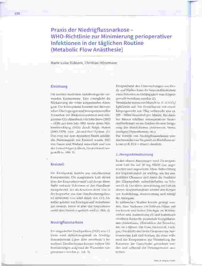 Vorschauseite 1: Praxis der Niedrigflussnarkose - WHO-Richtlinie zur Minimierung perioperativerInfektionen in der täglichen Routine(Metabolie Flow Anästhesie)
