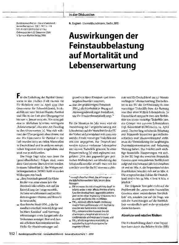 Vorschauseite 1: Auswirkungen der Feinstaubbelastung auf Mortalität und Lebenserwartung