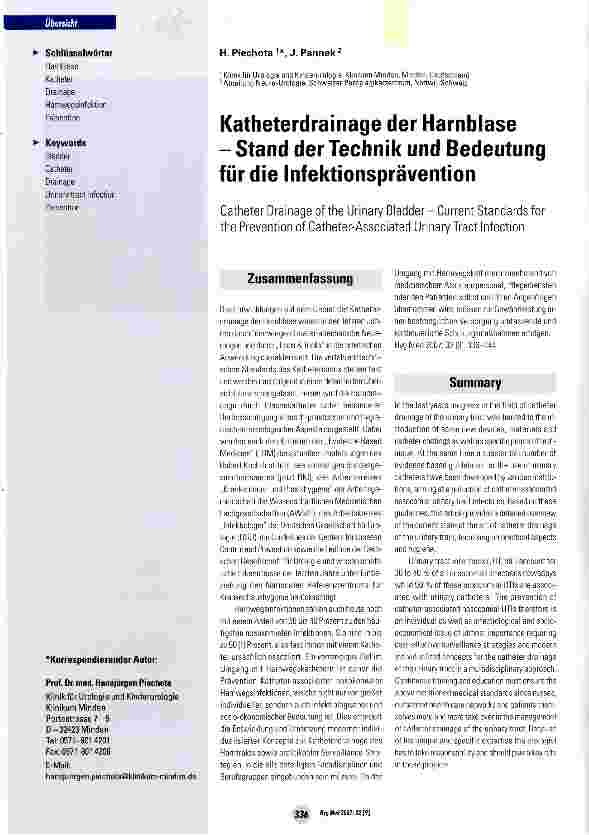 Vorschauseite 1: Katheterdrainage der Harnblase - Stand der Technik und Bedeutung für die Infektionsprävention