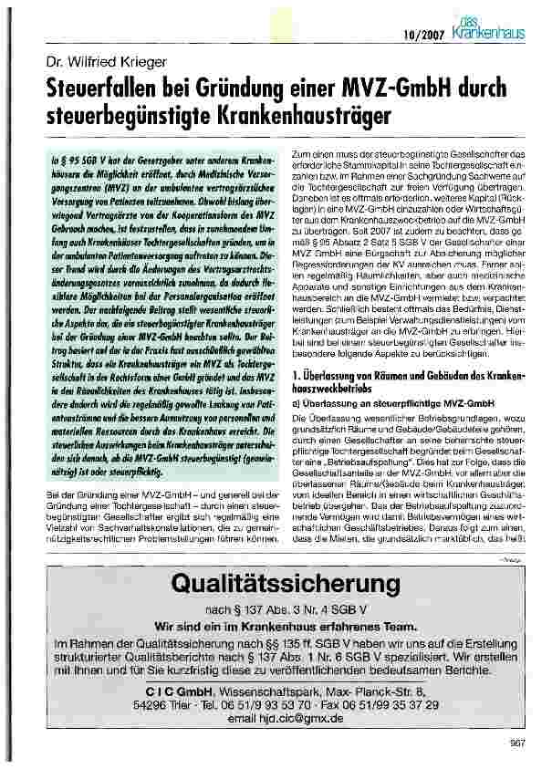Vorschauseite 1: Steuerfallen bei Gründung einer MVZ-GmbH durch steuerbegünstigte Krankenhausträger