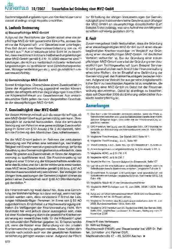 Vorschauseite 6: Steuerfallen bei Gründung einer MVZ-GmbH durch steuerbegünstigte Krankenhausträger