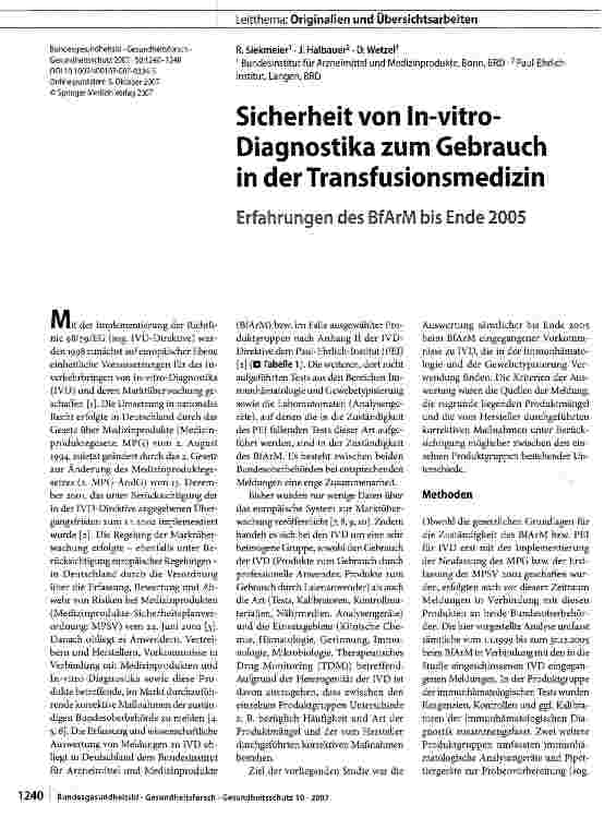 Vorschauseite 1: Sicherheit von In-vitro-Diagnostika zum Gebrauch in der Transfusionsmedizin