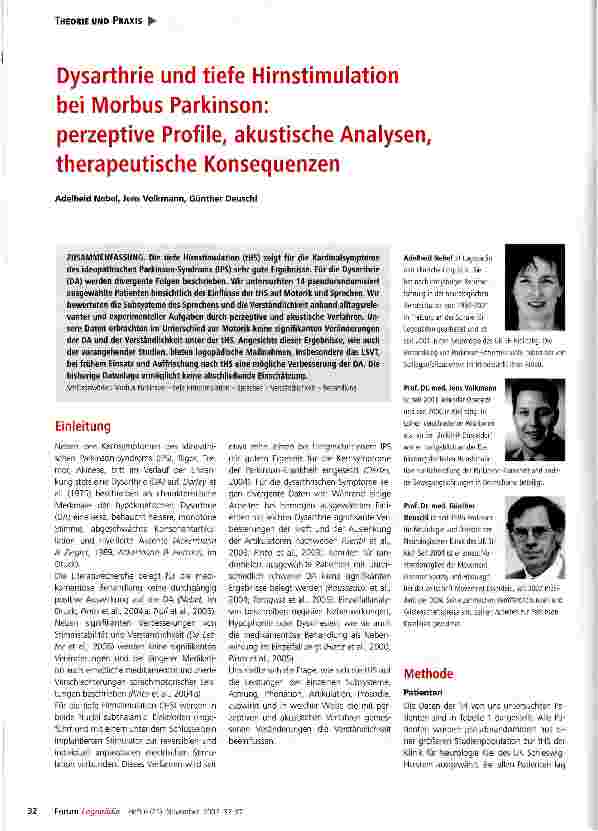 Vorschauseite 1: Dysarthrie und tiefe Hirnstimulation bei Morbus Parkinson: perzeptive Profile, akustische Analysen, therapeutische Konsequenzen