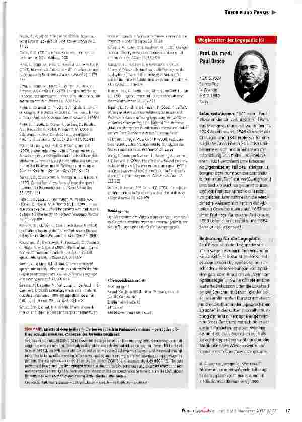 Vorschauseite 6: Dysarthrie und tiefe Hirnstimulation bei Morbus Parkinson: perzeptive Profile, akustische Analysen, therapeutische Konsequenzen