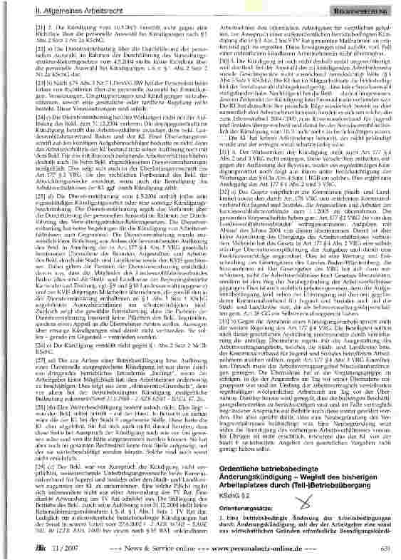 Vorschauseite 1: Ordentliche betriebsbedingte Änderungskündigung - Wegfall des bisherigen Arbeitsplatzes durch (Teil-)Betriebsübergang
