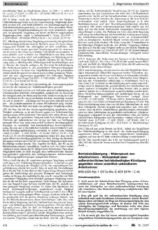 Vorschauseite 4: Ordentliche betriebsbedingte Änderungskündigung - Wegfall des bisherigen Arbeitsplatzes durch (Teil-)Betriebsübergang