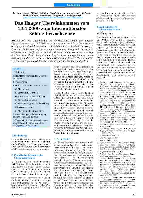 Vorschauseite 1: Das Haager Übereinkommen vom 13.1.2OOO zum internationalen Schutz Erwachsener