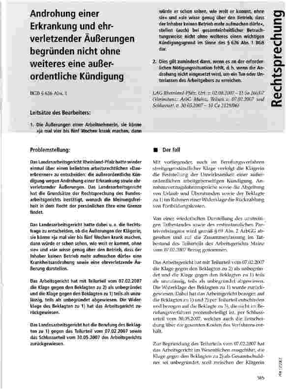 Vorschauseite 1: Androhung einer Erkrankung und ehrverletzender Äußerungen begründen nicht ohne weiteres eine außerordentliche Kündigung