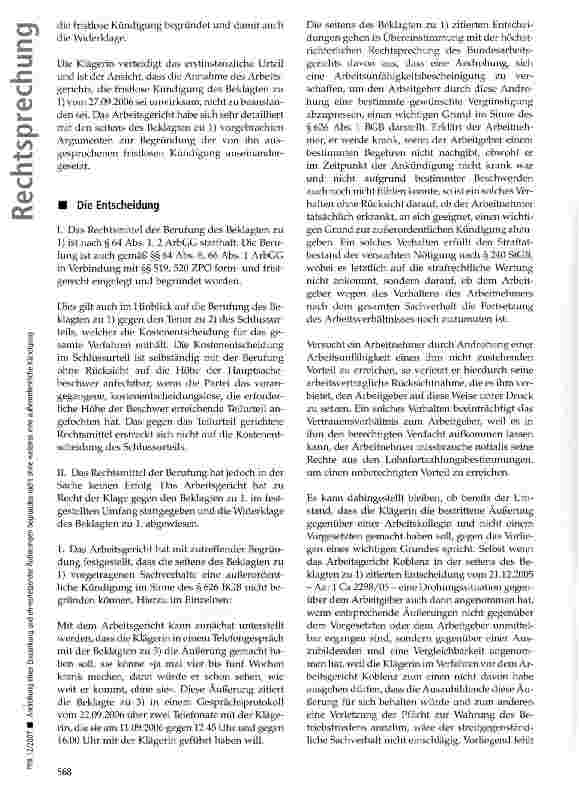 Vorschauseite 4: Androhung einer Erkrankung und ehrverletzender Äußerungen begründen nicht ohne weiteres eine außerordentliche Kündigung