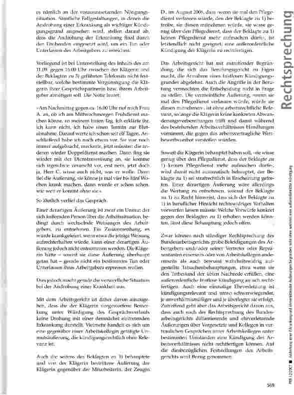 Vorschauseite 5: Androhung einer Erkrankung und ehrverletzender Äußerungen begründen nicht ohne weiteres eine außerordentliche Kündigung