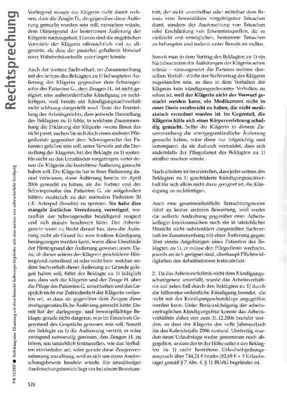 Vorschauseite 6: Androhung einer Erkrankung und ehrverletzender Äußerungen begründen nicht ohne weiteres eine außerordentliche Kündigung