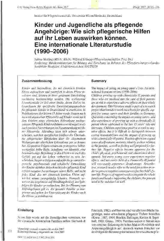 Vorschauseite 1: Kinder und Jugendliche als pflegende Angehörige: Wie sich pflegerische Hilfen auf ihr Leben auswirken können. Eine internationale Literaturstudie (1990-2006)