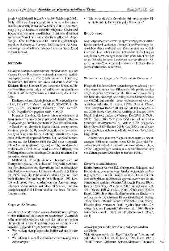 Vorschauseite 2: Kinder und Jugendliche als pflegende Angehörige: Wie sich pflegerische Hilfen auf ihr Leben auswirken können. Eine internationale Literaturstudie (1990-2006)