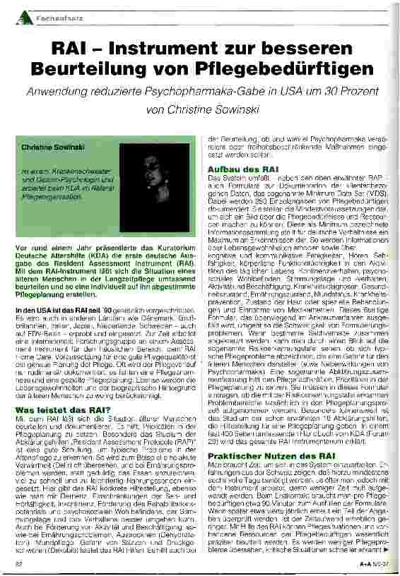 Vorschauseite 1: RAI - Instrument zur besseren Beurteilung von Pflegebedürftigen Anwendung reduzierte Psychopharmaka-Gabe in USA um 30 %
