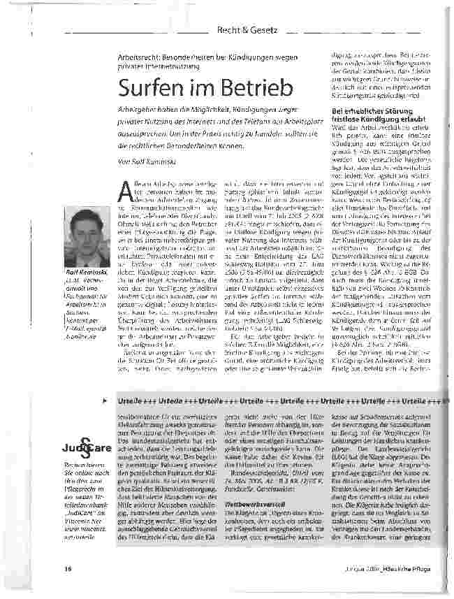 Vorschauseite 1: Arbeitsrecht: Besonderheiten bei Kündigungen wegen privater Internetnutzung - Surfen im Betrieb