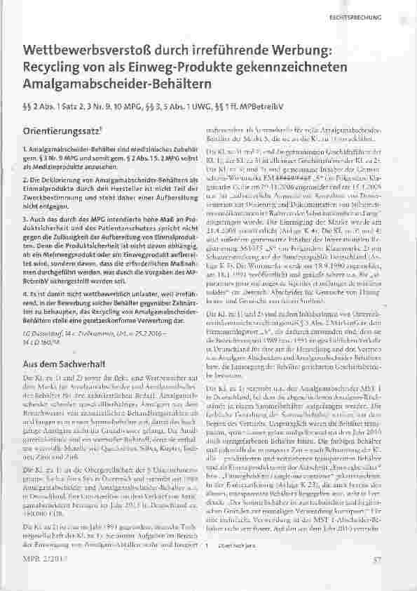 Vorschauseite 1: Wettbewerbsverstoß durch irreführende Werbung: Recycling von als Einweg-Produkte gekennzeichneten Amalgamabscheider-Behältern