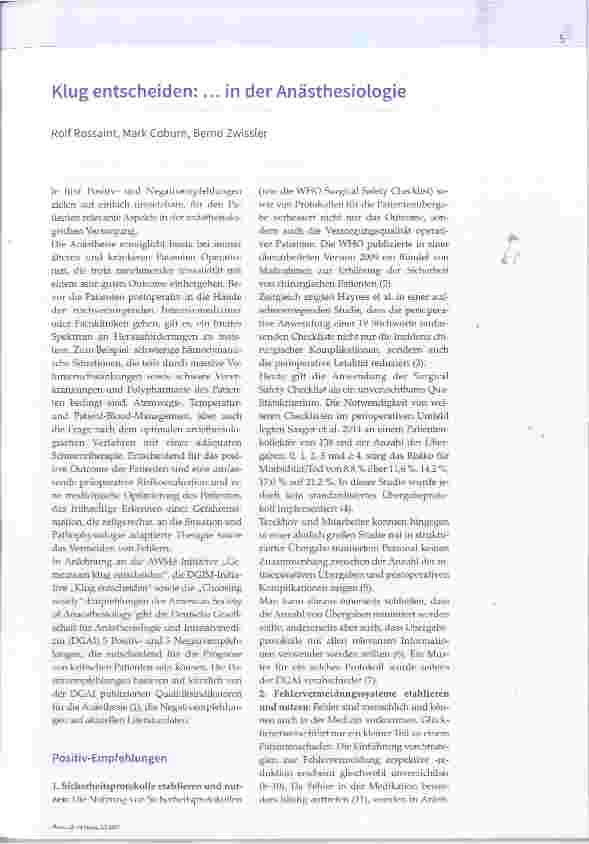Vorschauseite 1: Klug entscheiden: .. . in der Anästhesiologie